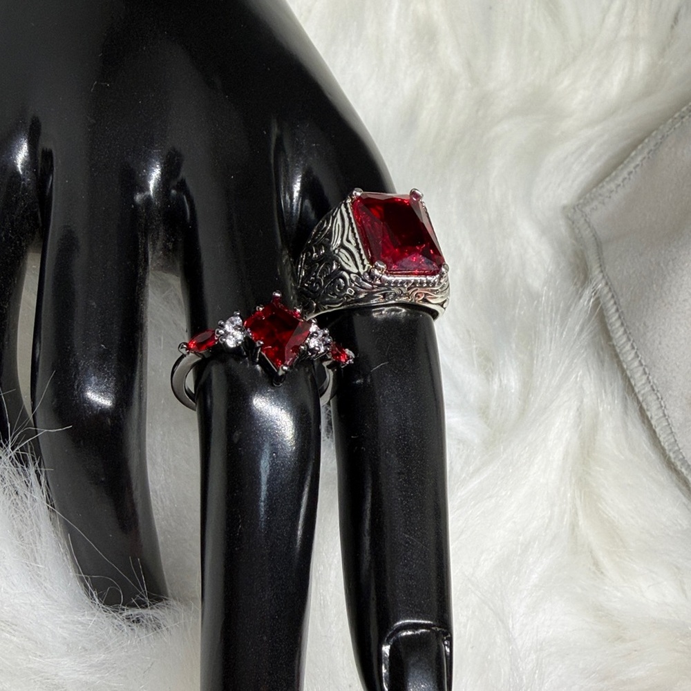 Matching Vampire Heart Ring Set | Red Crystal Couple Rings | Gothic Romance